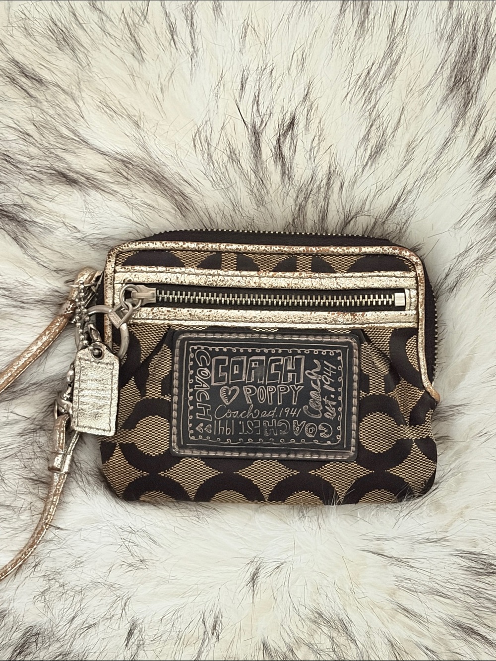 Coach Brown & Metallic Gold Poppy Wristlet